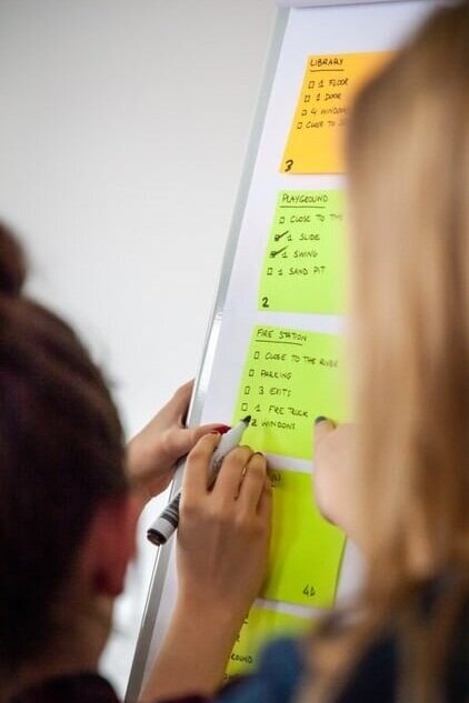 Workshop med post-its på tavle
